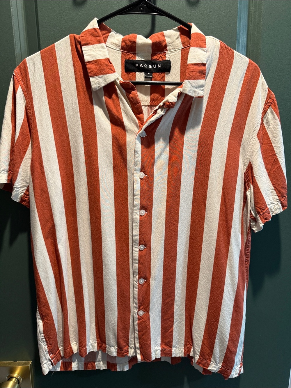 PacSun Rust and White Vertical Stripe Short Sleeve Button-Up Shirt